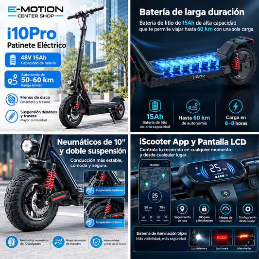 iScooter i10Pro – Patinete Eléctrico 48V 15Ah, Neumáticos de 10", Autonomía de 50–60 km y App
