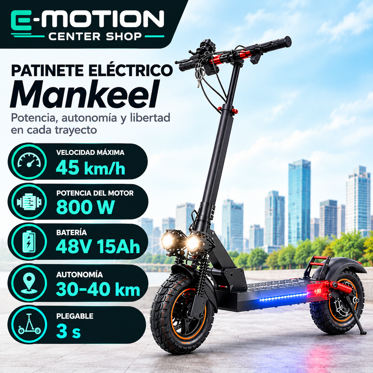 Patinete Eléctrico Mankeel MX-14 800W 48V 15Ah, Neumáticos Todoterreno de 10", Velocidad Máxima 45 km/h, Autonomía 30-40 km, Doble Suspensión y Plegable