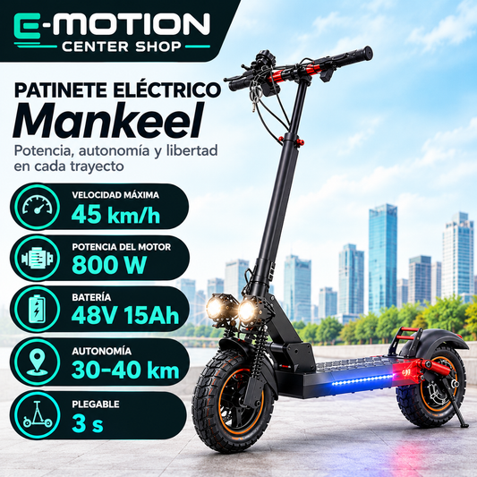 Patinete Eléctrico Mankeel MX-14 800W 48V 15Ah, Neumáticos Todoterreno de 10", Velocidad Máxima 45 km/h, Autonomía 30-40 km, Doble Suspensión y Plegable